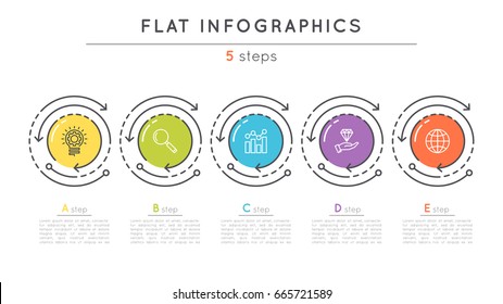 Flat style 5 steps timeline infographic template. Thin line business presentation concept. Expanded stroke.