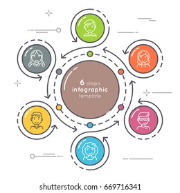 Flat style 6 steps circle infographic template. Thin line business presentation concept. Expanded stroke.