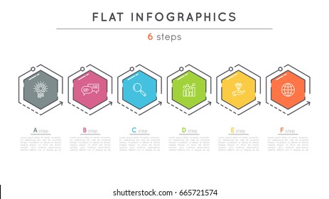 Flat style 6 steps timeline infographic template. Thin line business presentation concept. Expanded stroke.