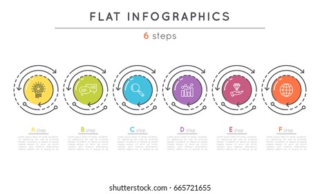 Flat style 6 steps timeline infographic template. Thin line business presentation concept. Expanded stroke.