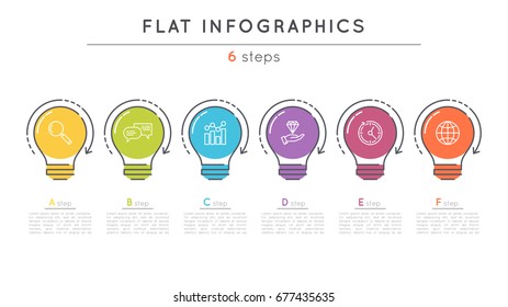 Flat style 6 steps timeline infographic template. Thin line business presentation concept. Expanded stroke.