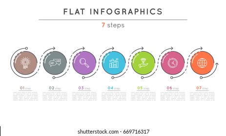 Flat style 7 steps timeline infographic template. Thin line business presentation concept. Expanded stroke.