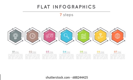 Flat style 7 steps timeline infographic template. Thin line business presentation concept. Expanded stroke.