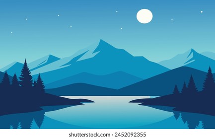 Flat style abstract minimalistic aesthetic mountains landscape background Blue color shades vector illustration background