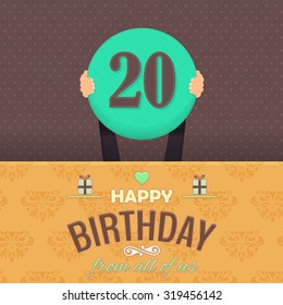 Flat Style Age Twenty Happy Birthday Vector Design. Announcement and Celebration Message Poster, Flyer Template
