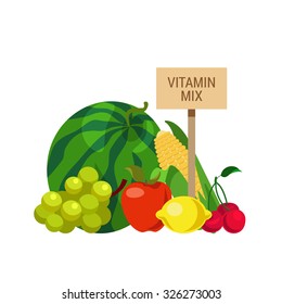 Flat style agriculture fruit healthy food web infographic icons concept. Collage of water melon grapes apple corn lemon cherry and wooden signboard. Website infographics collection.