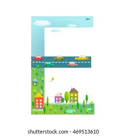 Flat Style Alphabet Letter E for Kids with Cars and City. For children boys and girls with city, houses, cars, trees. Learning, teaching, studying abc, flat style. Vector illustration