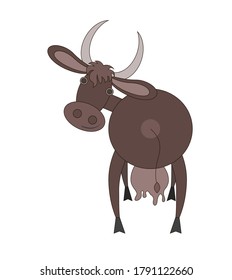 Flat style animal design. Back view of a brown cow that turns her head forward. Drawing isolated on white background. Stock vector illustration.