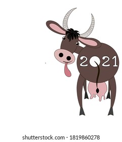 Flat style animal design.Back view of a brown cow that turns her head forward and showing its tongue, 2021 is written on the bottom. There is room for your text. Drawing isolated on white background. 