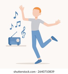 Flat Style Animated Young Man Dancing Beside Music Note and Radio Icon