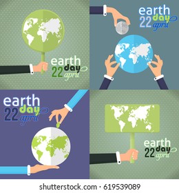 Flat Style April 22, Earth Day Design. Hands Hold Signboard or World Icon Illustration Set