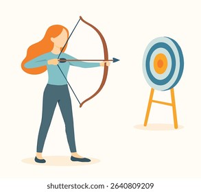 Flat Style Archer Woman Aiming Arrow and Target Icon Illustration