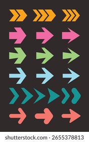 Flat style arrow icon collection in cute kawaii design. Perfect for creative interfaces, infographics, kid themes, navigation elements, and playful visuals.