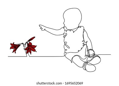 Flat style art vector illustration. Continuous line drawing. Funny baby one line sketch play with red color flower lily on white background.  Concept for greeting card, banner, poster, flyer