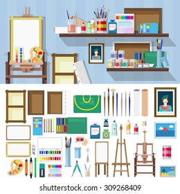 Flat style art workshop design icons objects kit template mockup. Icon set to build artist workplace. Kits collection.