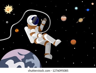 Flat style astronaut in open space in the solar system