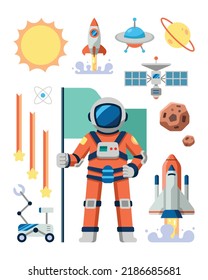 Flat style astronaut and space objects vector set cartoon illustration