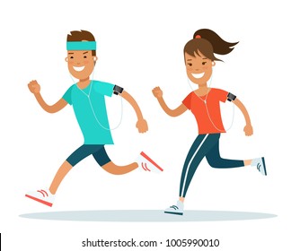 Flat style Athlete running runner characters vector illustration. Young man and woman jogging marathon race. Individual sports, competition concept.