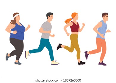 Flat style Athlete running runner characters vector illustration. Young man and woman jogging marathon race. Individual sports, competition concept.