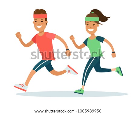 Flat style Athlete running runner characters vector illustration. Young man and woman jogging marathon race. Individual sports, competition concept.