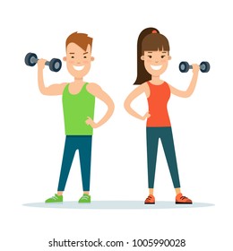 Flat style Athlete stranding workout characters vector illustration. Fitness young man woman doing exercise with dumbbells. Individual sports concept