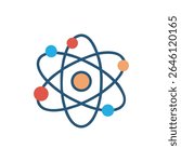 A flat style atom icon with blue orbits and colored spheres on a solid White Background.