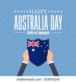 Flat Style Australia Day Theme, National Celebration Card, Hands Hold Shield Style Flag