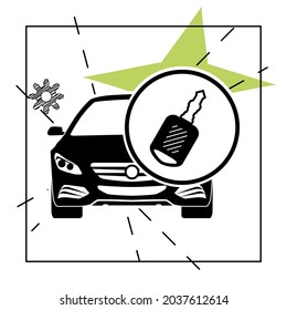 flat style of automotive symbol. Illustration of a sedan car combined with key. White background.