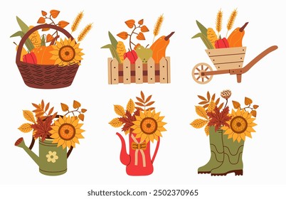 Conjunto de ilustración de otoño de estilo plano con cestas, regaderas y botas llenas de girasoles, verduras y trigo. Ideal para diseños de temporada, tarjetas de felicitación y proyectos digitales.