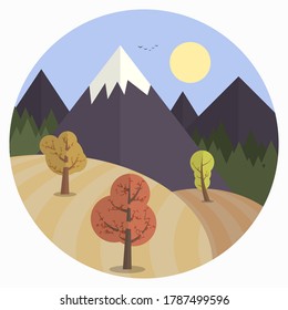 Flat style autumn landscape in a round frame. Sunny day in mountains with forest on the background. Colorful hills, trees with leaves and mountains far away.