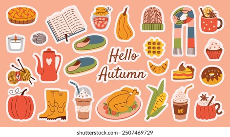 Flat style autumn stickers set with cozy elements like knitting, hot drinks, slippers, pies, and more. Ideal for seasonal designs, bullet journals, scrapbooks, and creative projects.