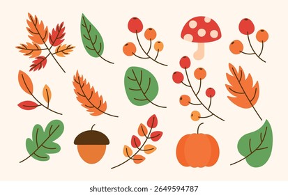 Conjunto de clipart de vetor de outono de estilo plano: folhas, bagas, abóbora, bolota, cogumelo em um fundo claro