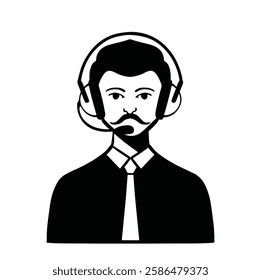 Flat style avatar, dispatcher secretary administrator with mustache in shirt man in tie, black and white vector