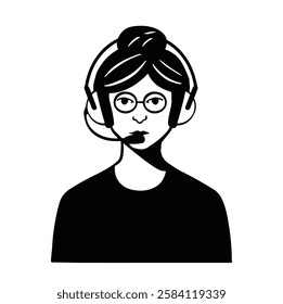 Flat style avatar, young dispatcher secretary administrator woman with high hairstyle in glasses and headphones, black and white vector