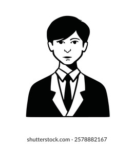 Flat style avatar, young intelligent office worker in a suit man in a tie, black and white vector