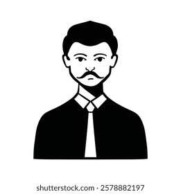 Flat style avatar, young intelligent office worker with mustache in shirt man in tie, black and white vector