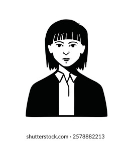 Flat style avatar, young intelligent office worker woman in a jacket with a bob and bangs, black and white vector