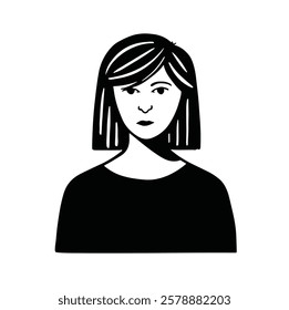 Flat style avatar, young office worker secretary with bob, black and white vector