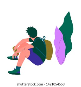 Flat style back view of a man tourist with a backpack sitting and resting. isolated on white background. stock vector illustration.
