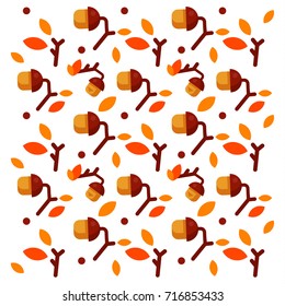 Flat style background with autumn leaves and acorns. Orange and yellow seasonal autumn 	pattern. Vector illustration.