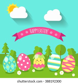 Flat style background with eggs on the grass, and a small nice chicken that hatched from eggs,  and landscape, vector illustration. Happy Easter greeting card