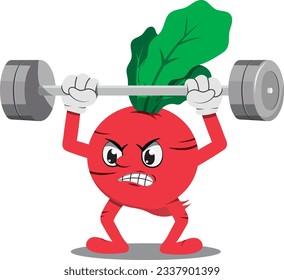 Flat style backgroundless vector illustration of a radish exercising with some weights.