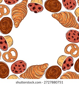 Ilustración de marco de panadería de estilo plano con pastelería. Frontera de comida rústica sobre fondo blanco para menú, póster, invitación y marca de panadería.