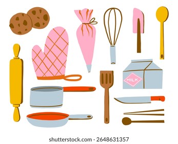 Flat Style Baking Tool Ingredient Set. A charming collection of hand drawn flat style kitchen tools and food items including utensils gloves cookies milk for cozy culinary projects and recipe designs