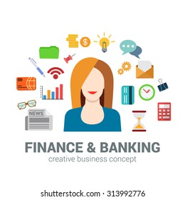 Flat style banking and finance concept. Happy smiling young beautiful woman financial bank credit card newspaper coin money savings office icon set. Creative people business conceptual collection.