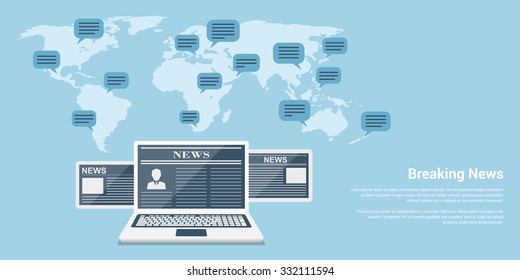 flat style banner concept of breaking news, notebook and tablets with news articles and world map with speech bubbles
