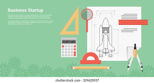 flat style banner concept of new business startup, new product or service launch, picture of rocket ship sketch with rulers, caliper, pen, magnifying glass and calculator