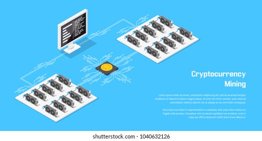 Flat style banner for cryptocurrency mining and blockchain concept.