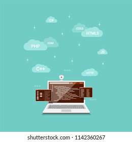 Flat style banner design, coding, programming, application development concept.