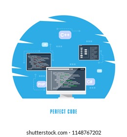 Flat style banner design, coding, programming, application development concept.